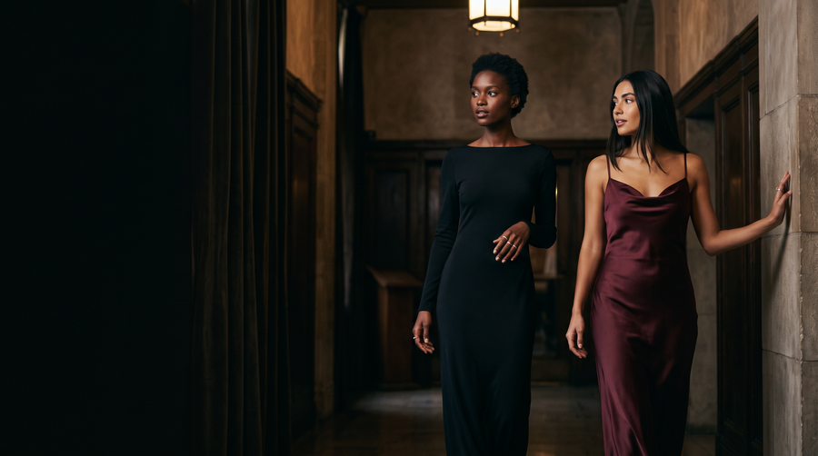 Two women in an ink black column dress and a deep wine slip dress moving through a dim evening interior lit by pools of warm light