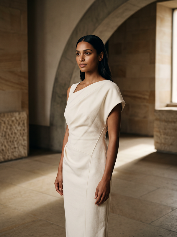 A woman in a bone sculptural dress with an asymmetric neckline in a warm stone interior lit by a single shaft of light