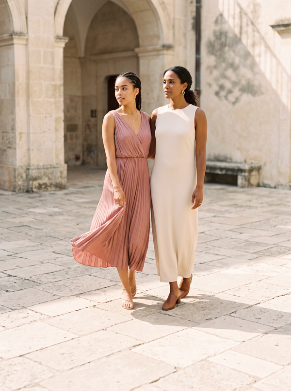 Two women in a dusty rose midi dress and a bone column dress in a sunlit pale stone courtyard