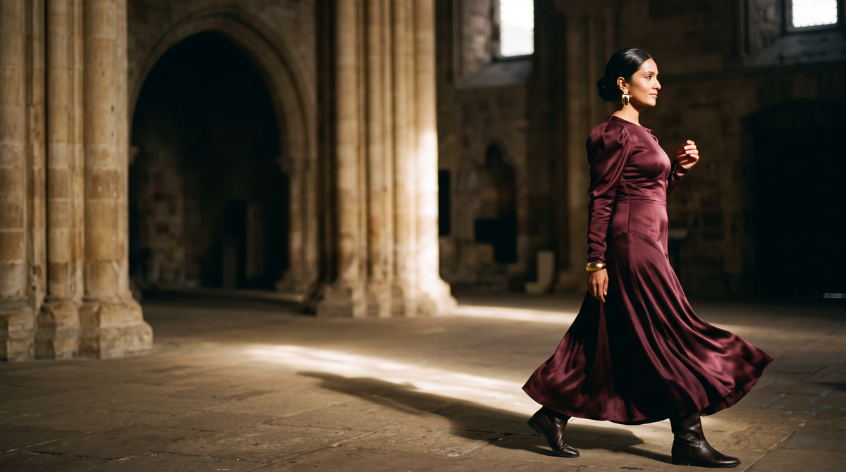 A woman in a sculptural deep wine satin midi dress turning in a warm stone architectural interior lit by a single shaft of light
