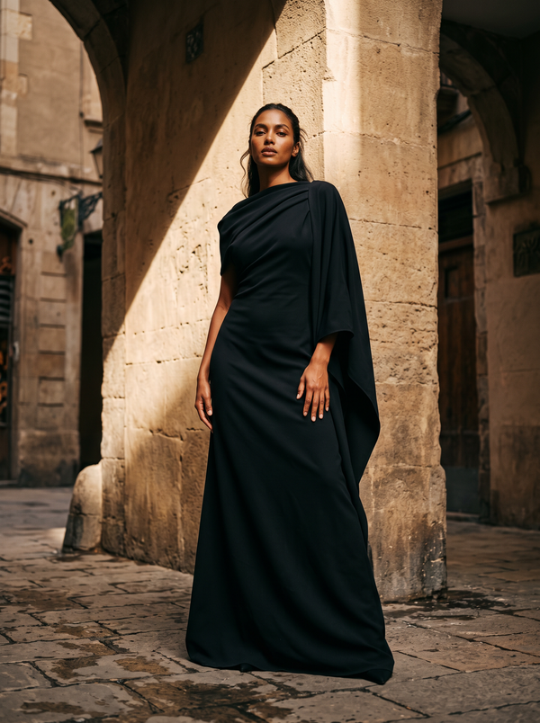 Low-angle image of a woman in a floor-length ink black column dress with a draped shoulder against a warm stone wall