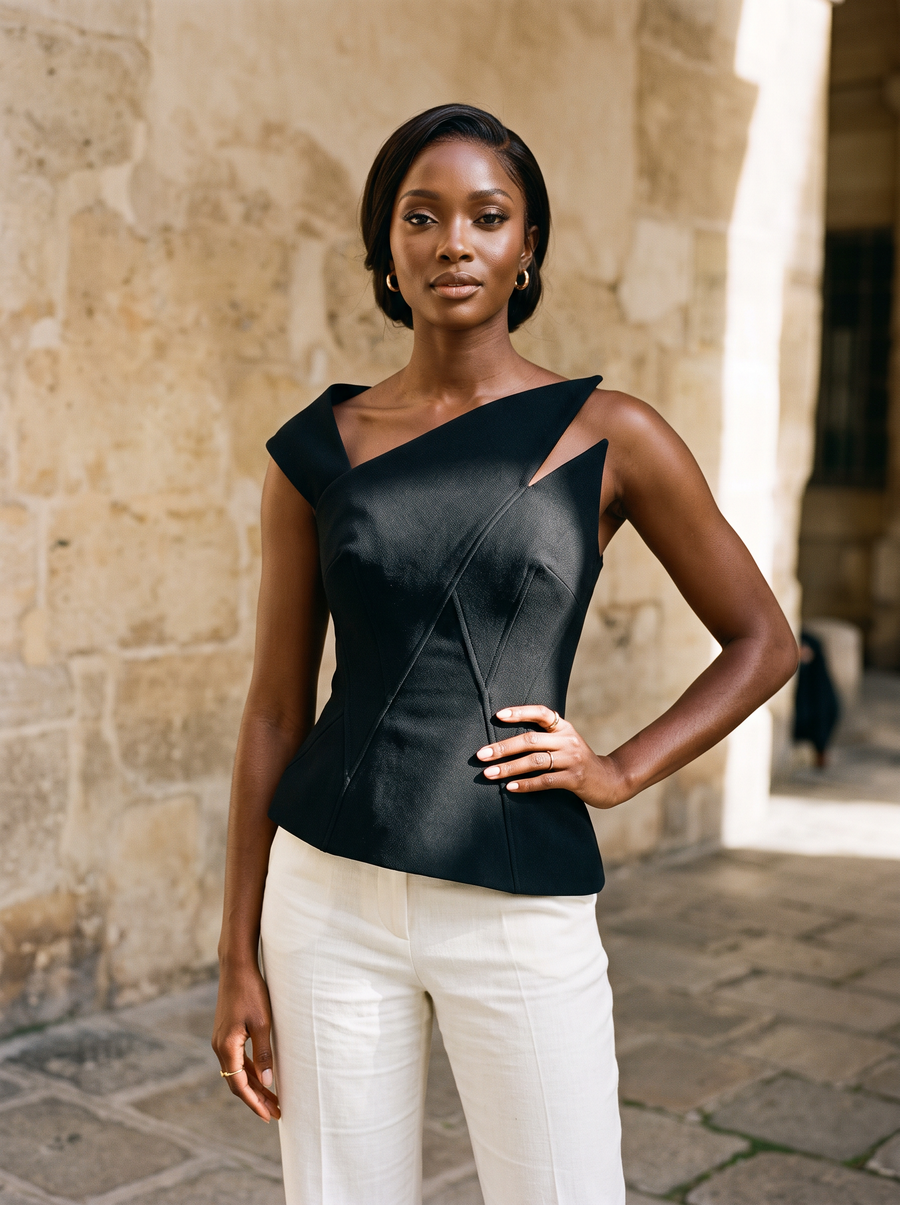 A woman in a structured ink black top with a sharp asymmetric neckline and tailored bone trousers