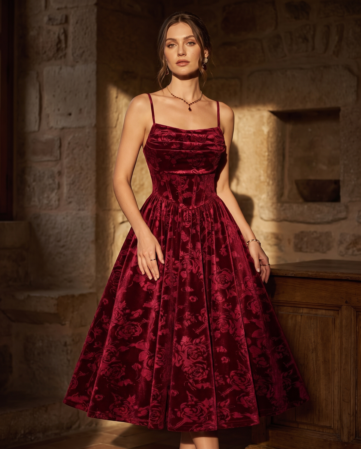 Adult model wearing the BIA Bordeaux Velvet Midi in burgundy rose-embossed velvet, full-length front view.