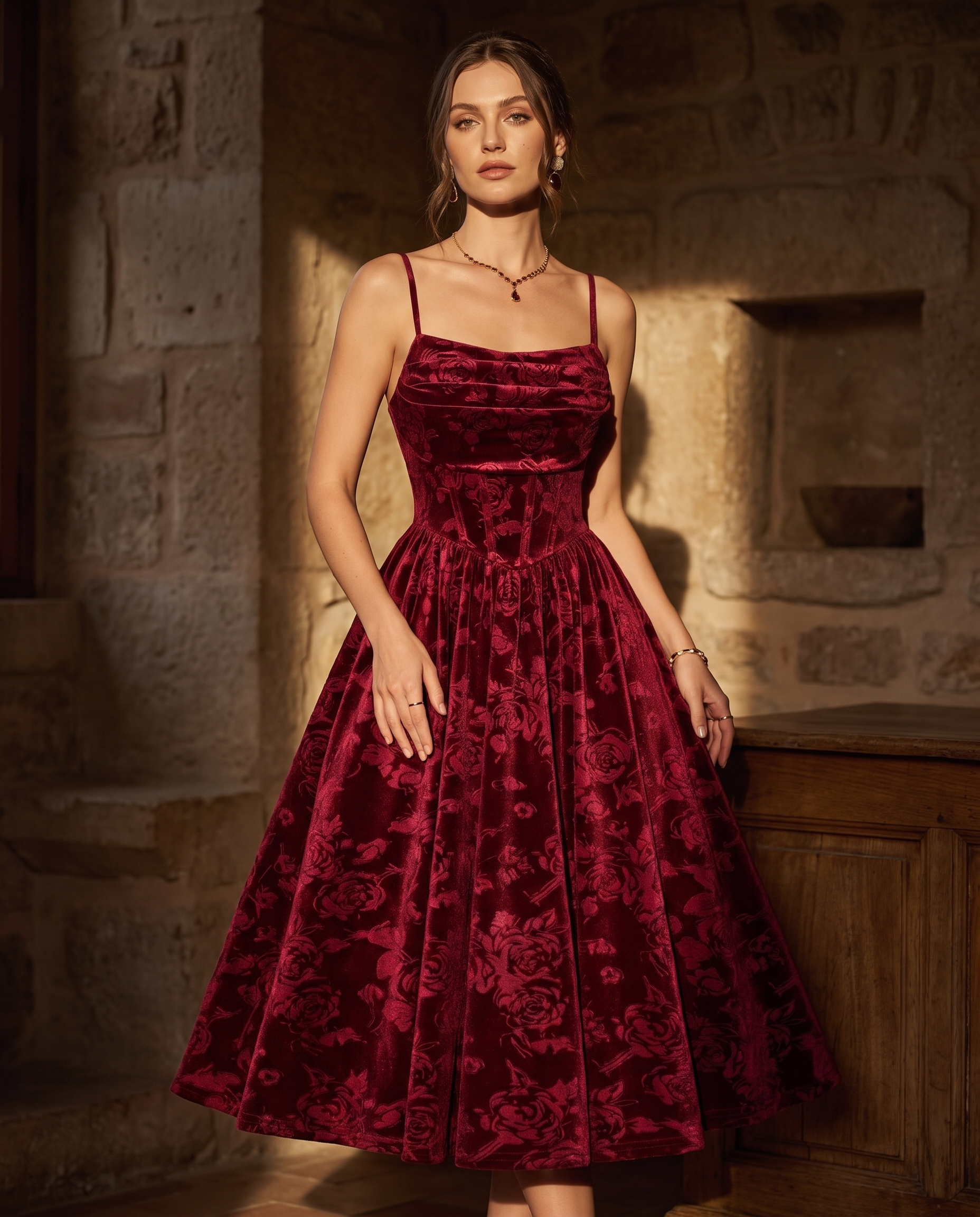 Adult model wearing the BIA Bordeaux Velvet Midi in burgundy rose-embossed velvet, full-length front view.