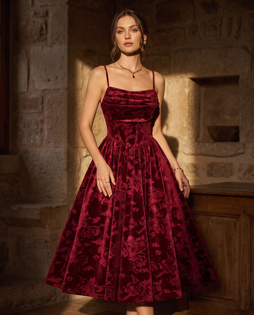 Adult model wearing the BIA Bordeaux Velvet Midi in burgundy rose-embossed velvet, full-length front view.