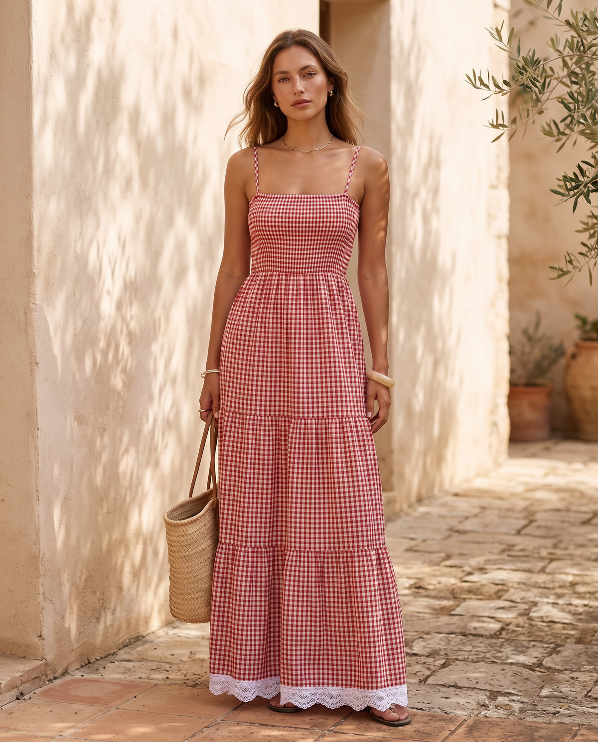 Adult model wearing the BIA Amélie Check Dress in red gingham with a tiered skirt and lace hem, full-length front view.