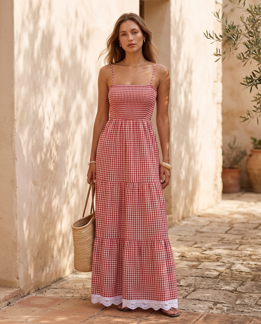 Adult model wearing the BIA Amélie Check Dress in red gingham with a tiered skirt and lace hem, full-length front view.