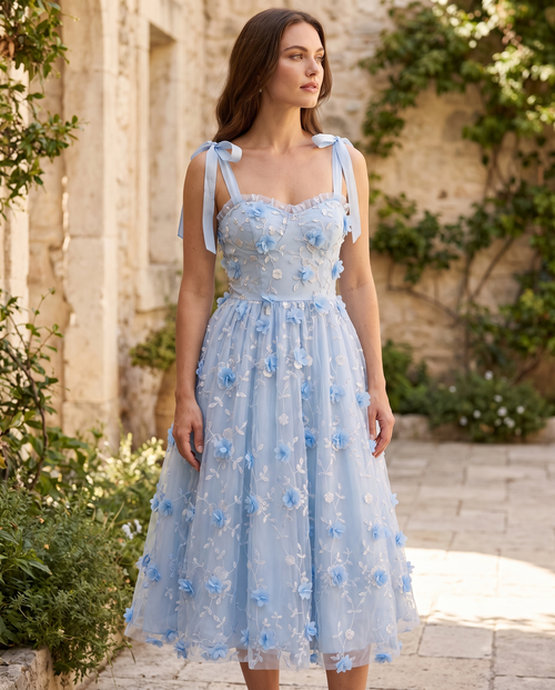 Adult model wearing the BIA Celeste Appliqué Midi in baby blue tulle with raised floral appliqués, full-length front view.
