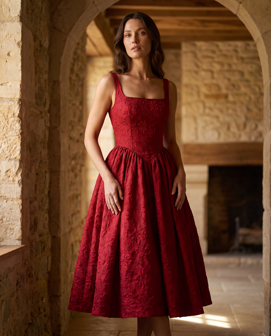 Adult model wearing the BIA Aurelia Square-Neck Midi in red floral jacquard, full-length front view.