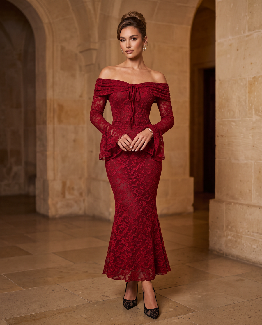 Adult model wearing the BIA Valentina Mermaid Gown in deep red floral lace with a fishtail hem, full-length front view.