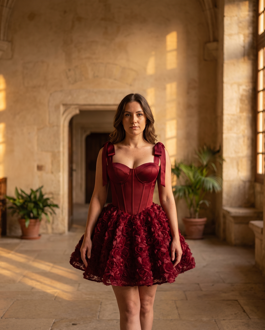 Adult model wearing the BIA Nocturne Rosette Mini in burgundy with a corset bodice and 3D rose skirt, full-length front view.