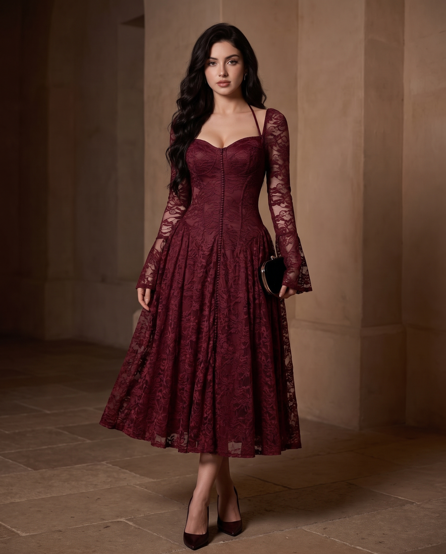 Adult model wearing the BIA Lucienne Lace Midi in burgundy floral lace with bell sleeves, full-length front view.