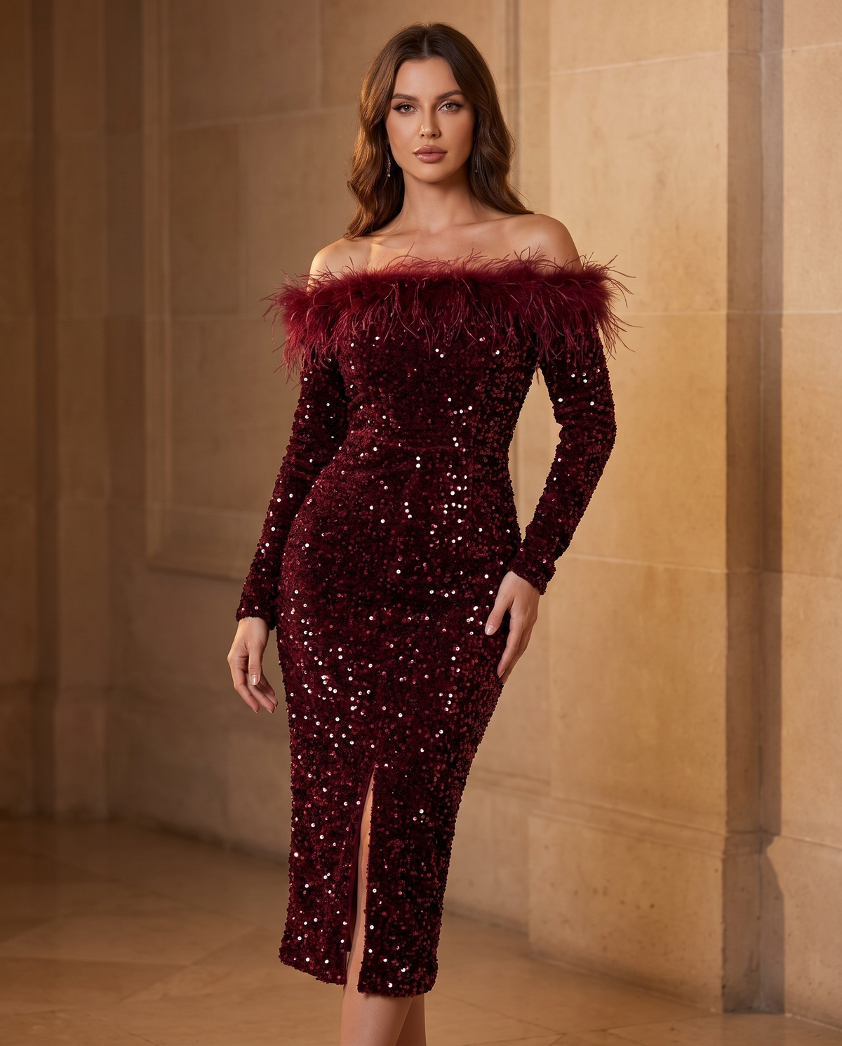 Adult model wearing the BIA Marais Sequin Midi in burgundy sequins with feather trim at the neckline, full-length front view.
