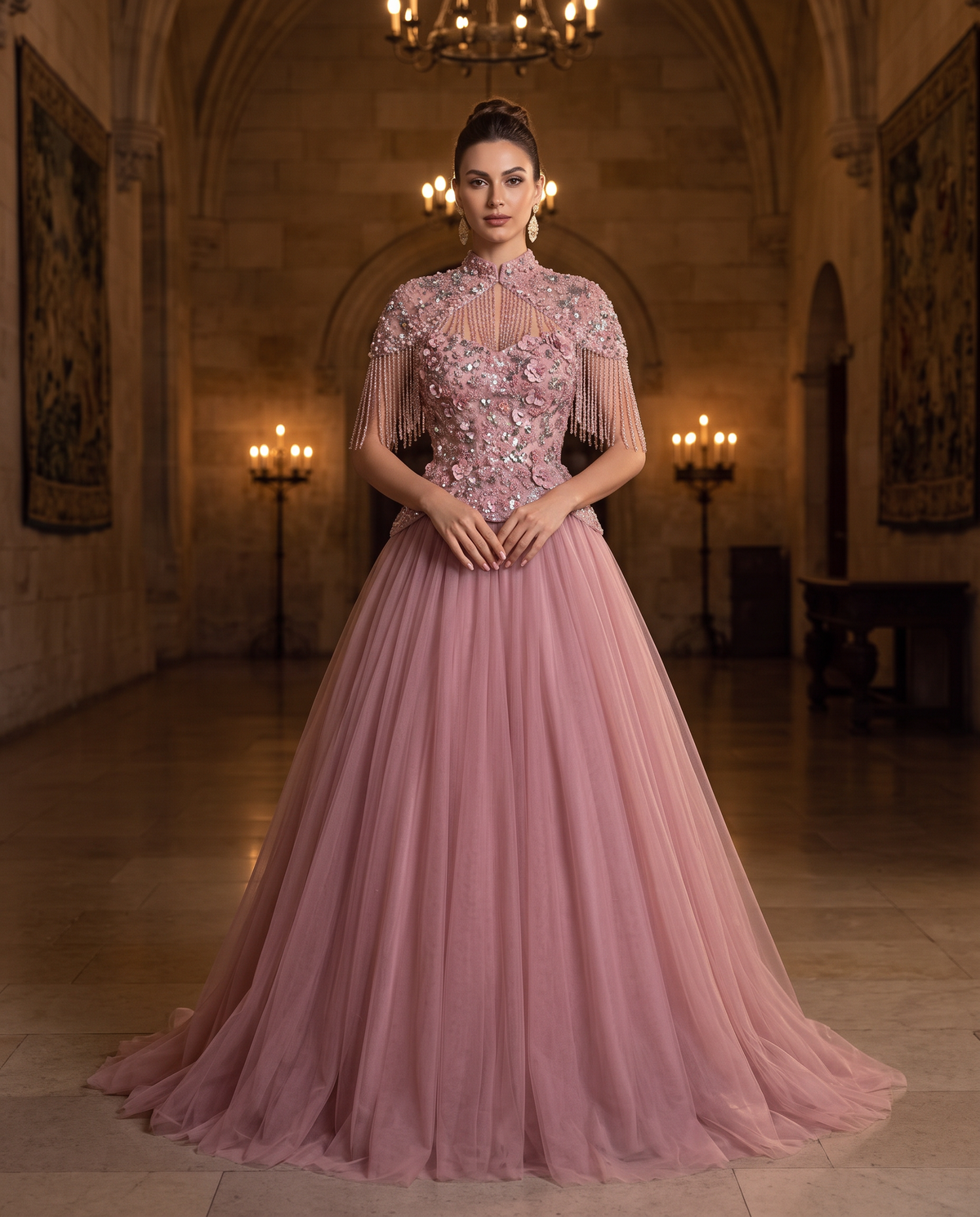 Adult model wearing the BIA Ophelia Embellished Gown in dusty rose with a beaded fringe capelet and full tulle skirt, full-length front view.