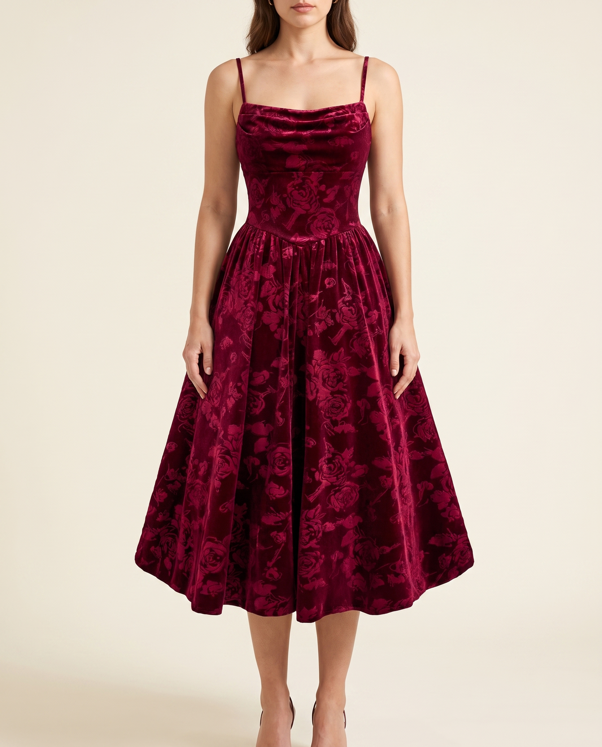 The BIA Bordeaux Velvet Midi in burgundy rose-embossed velvet, full-length studio catalogue view.