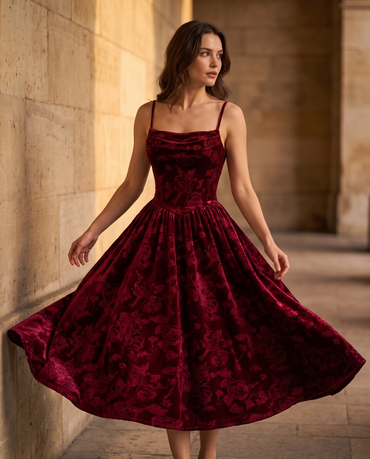 The BIA Bordeaux Velvet Midi in movement, the full circle skirt lifting to show the velvet drape.