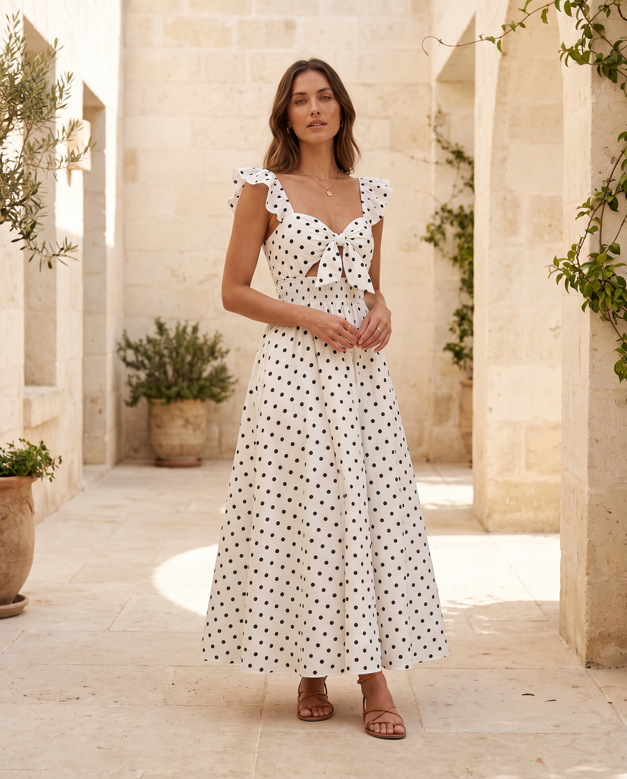 Adult model wearing the BIA Elara Polka Maxi in black and white polka dot, full-length front view.