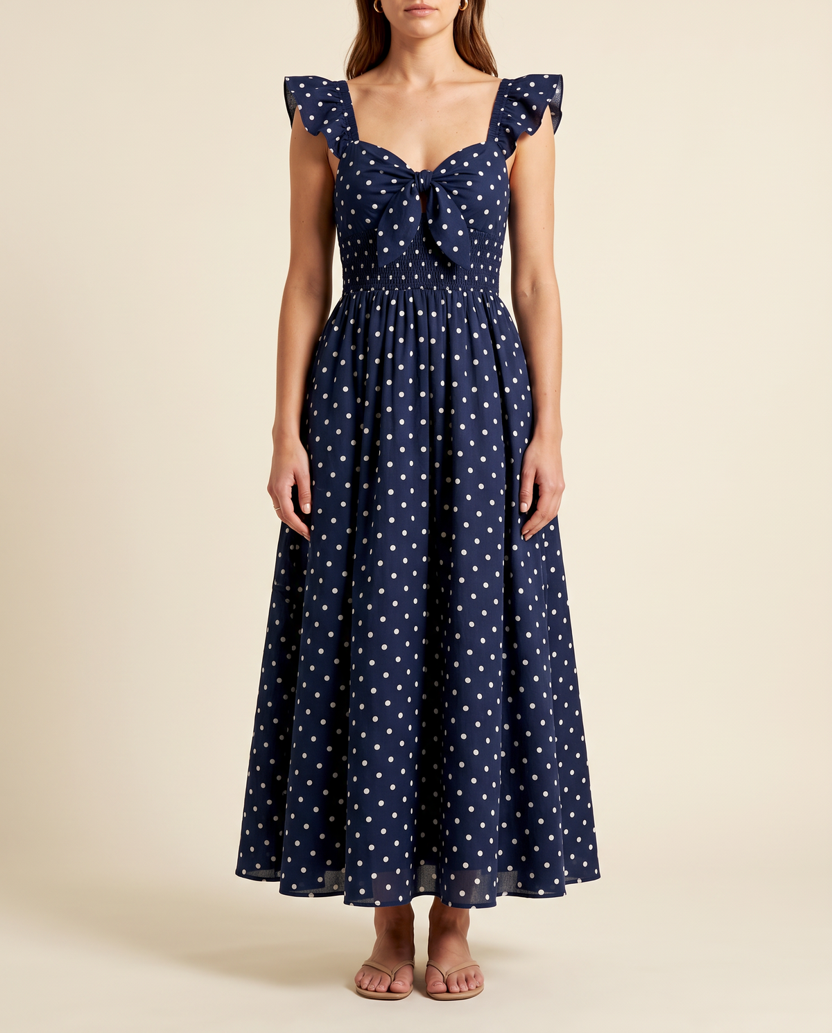 The BIA Elara Polka Maxi in navy blue with white polka dots, full-length studio catalogue view.