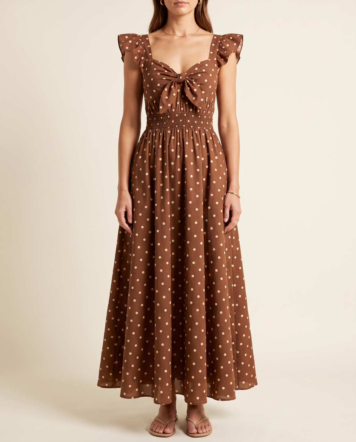 The BIA Elara Polka Maxi in coffee brown with cream polka dots, full-length studio catalogue view.