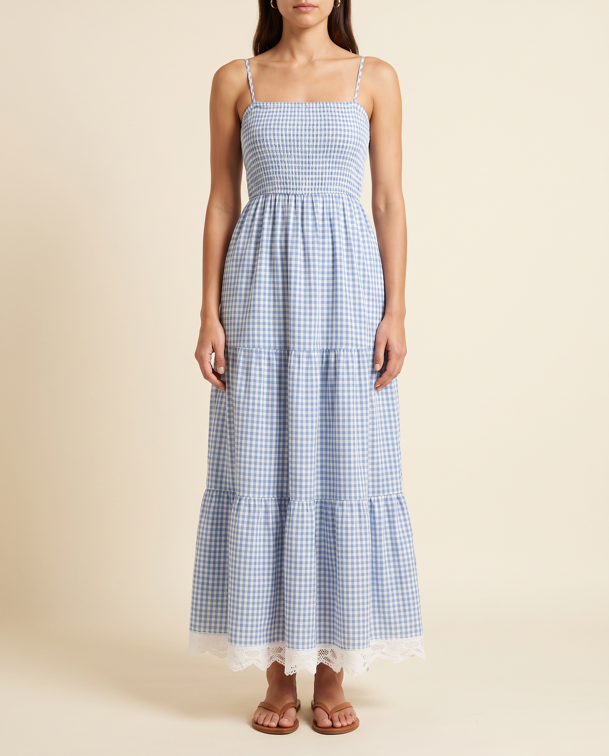 The BIA Amélie Check Dress in blue and white gingham, full-length studio catalogue view.
