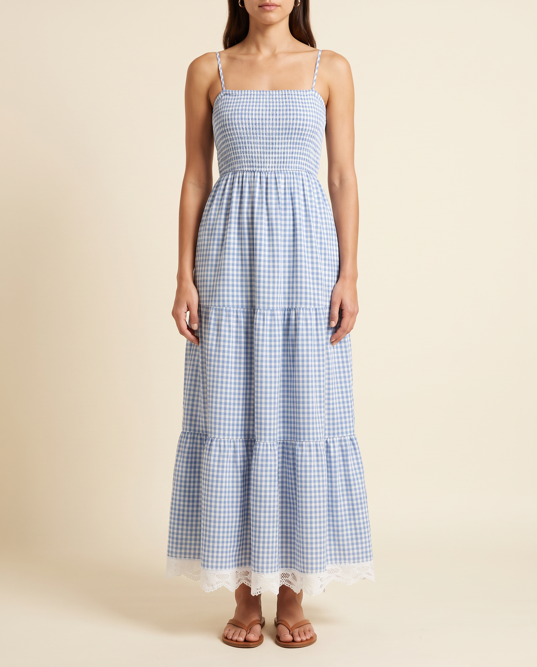 The BIA Amélie Check Dress in blue and white gingham, full-length studio catalogue view.