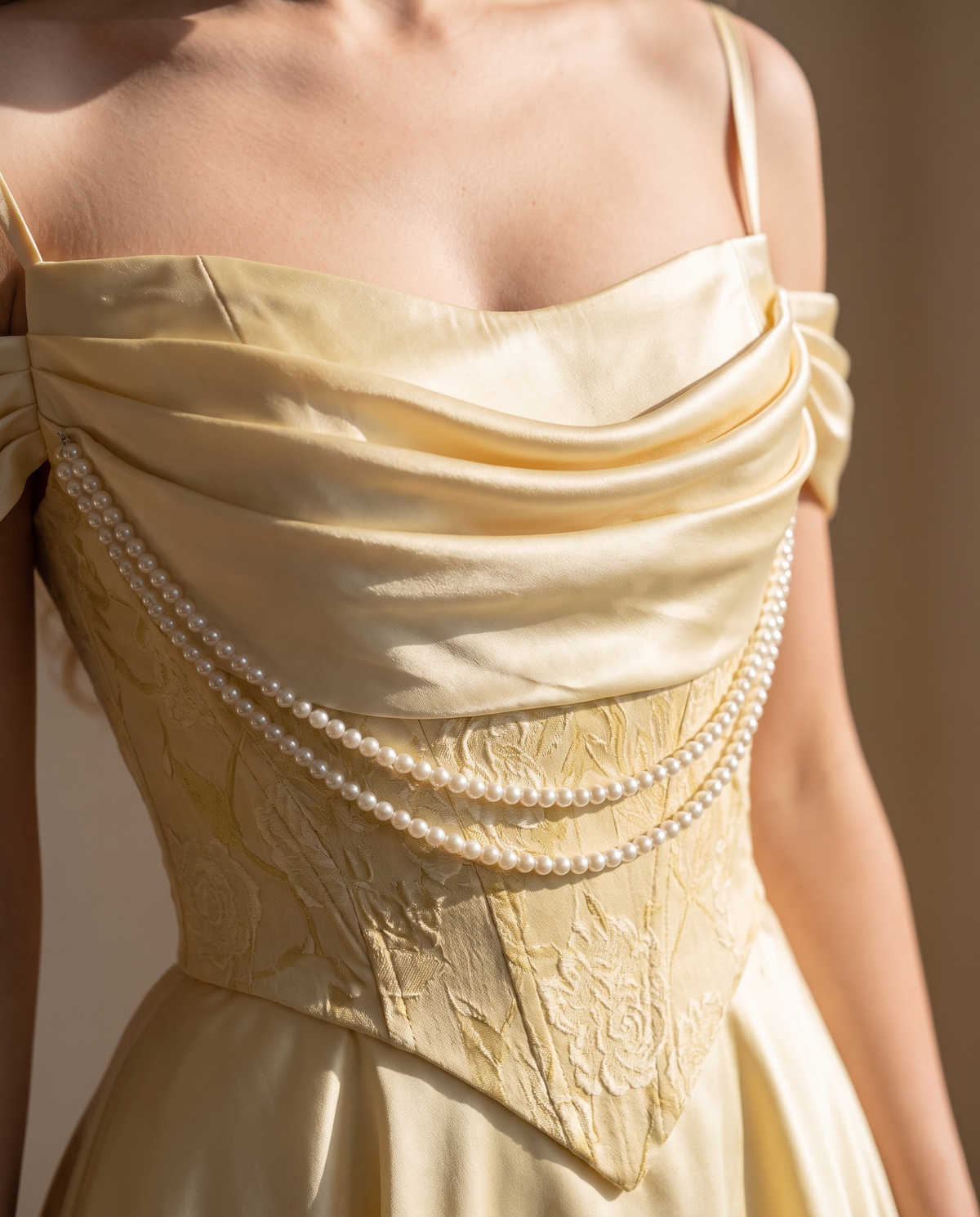 Detail of the BIA Séraphine Pearl Midi showing the pearl chain swags, satin cowl and corset panelling.
