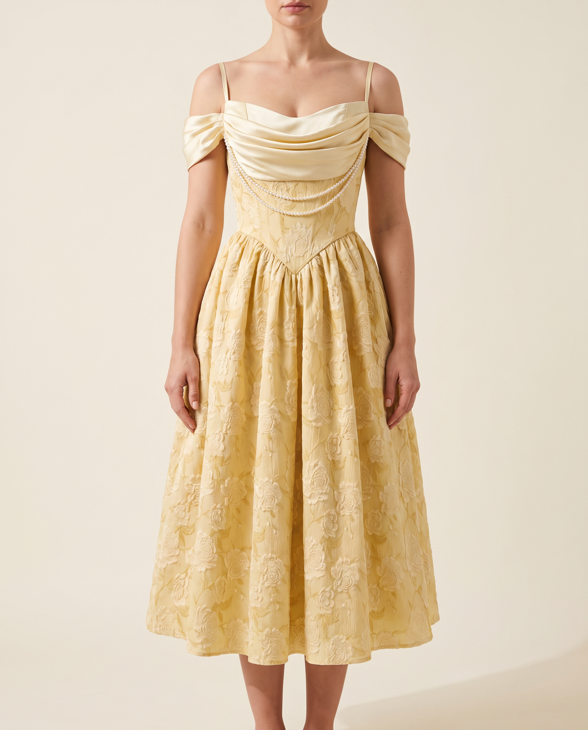 The BIA Séraphine Pearl Midi in pale yellow, full-length studio catalogue view.