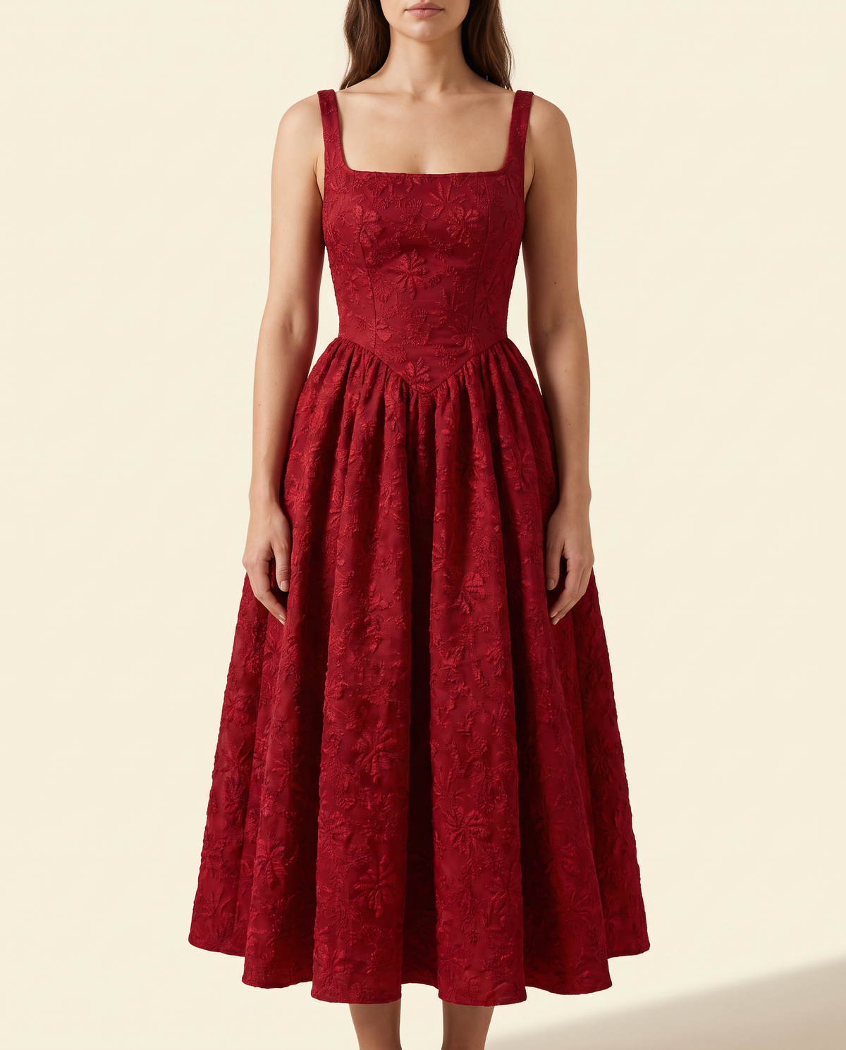 The BIA Aurelia Square-Neck Midi in red floral jacquard, full-length studio catalogue view.