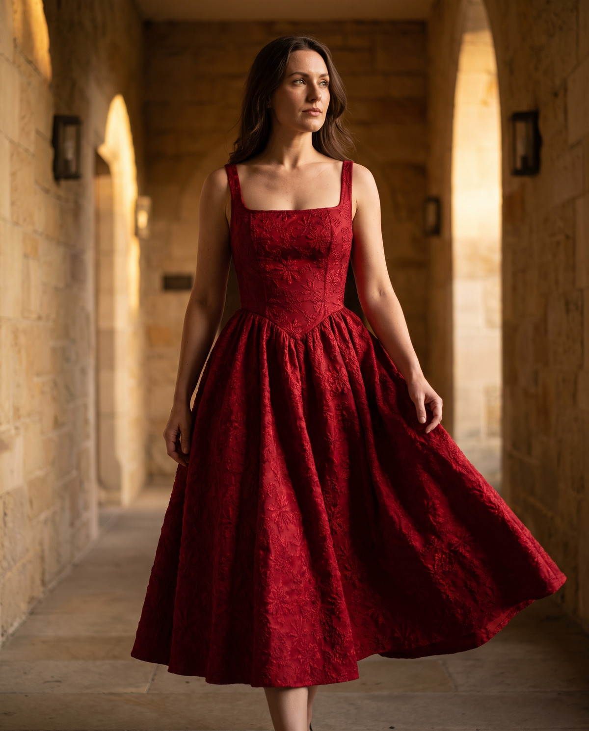 The BIA Aurelia Square-Neck Midi in movement through a warm stone corridor at evening.