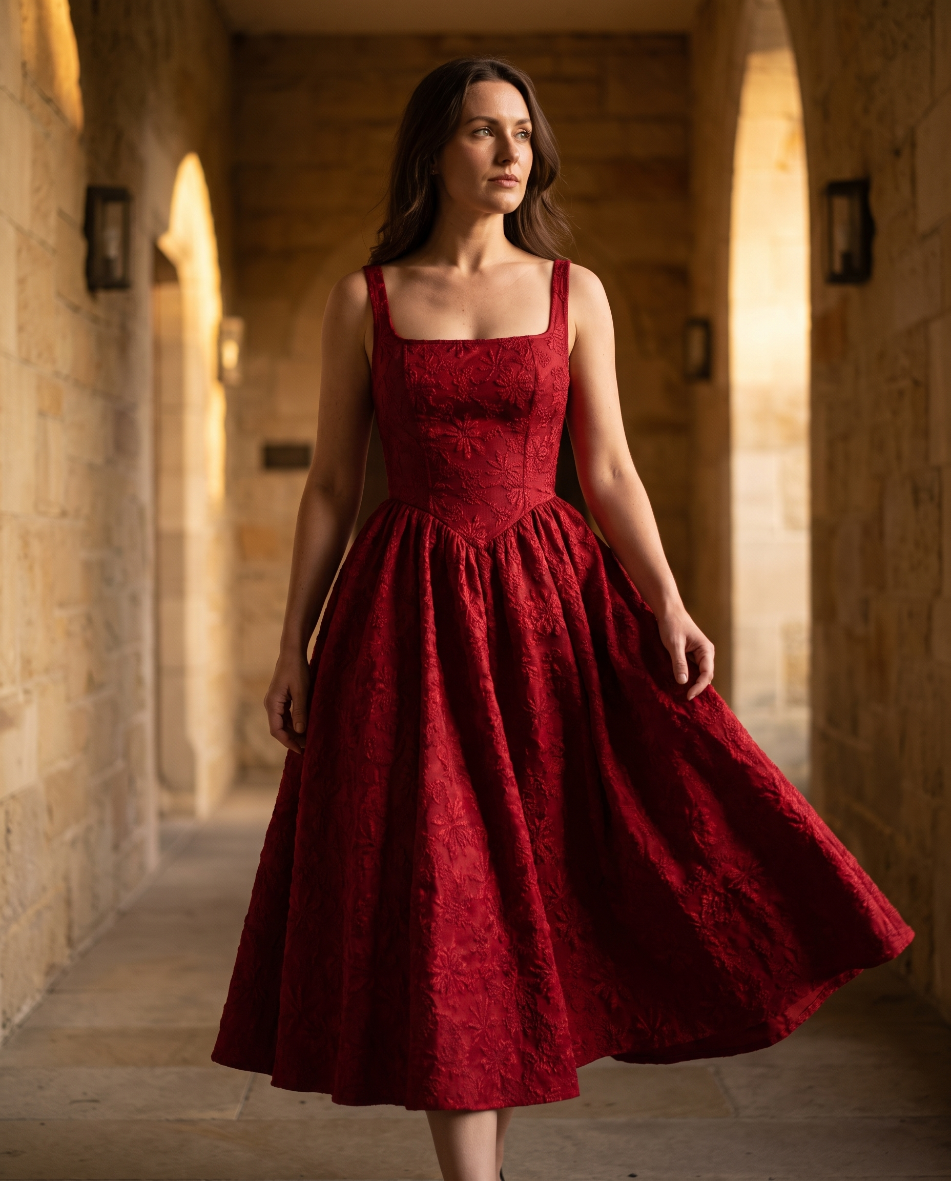 The BIA Aurelia Square-Neck Midi in movement through a warm stone corridor at evening.