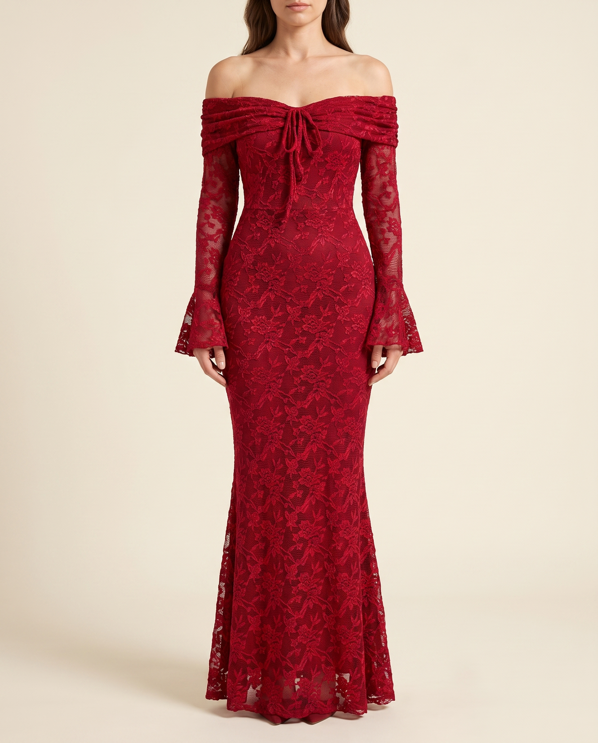 The BIA Valentina Mermaid Gown in deep red floral lace, full-length studio catalogue view.