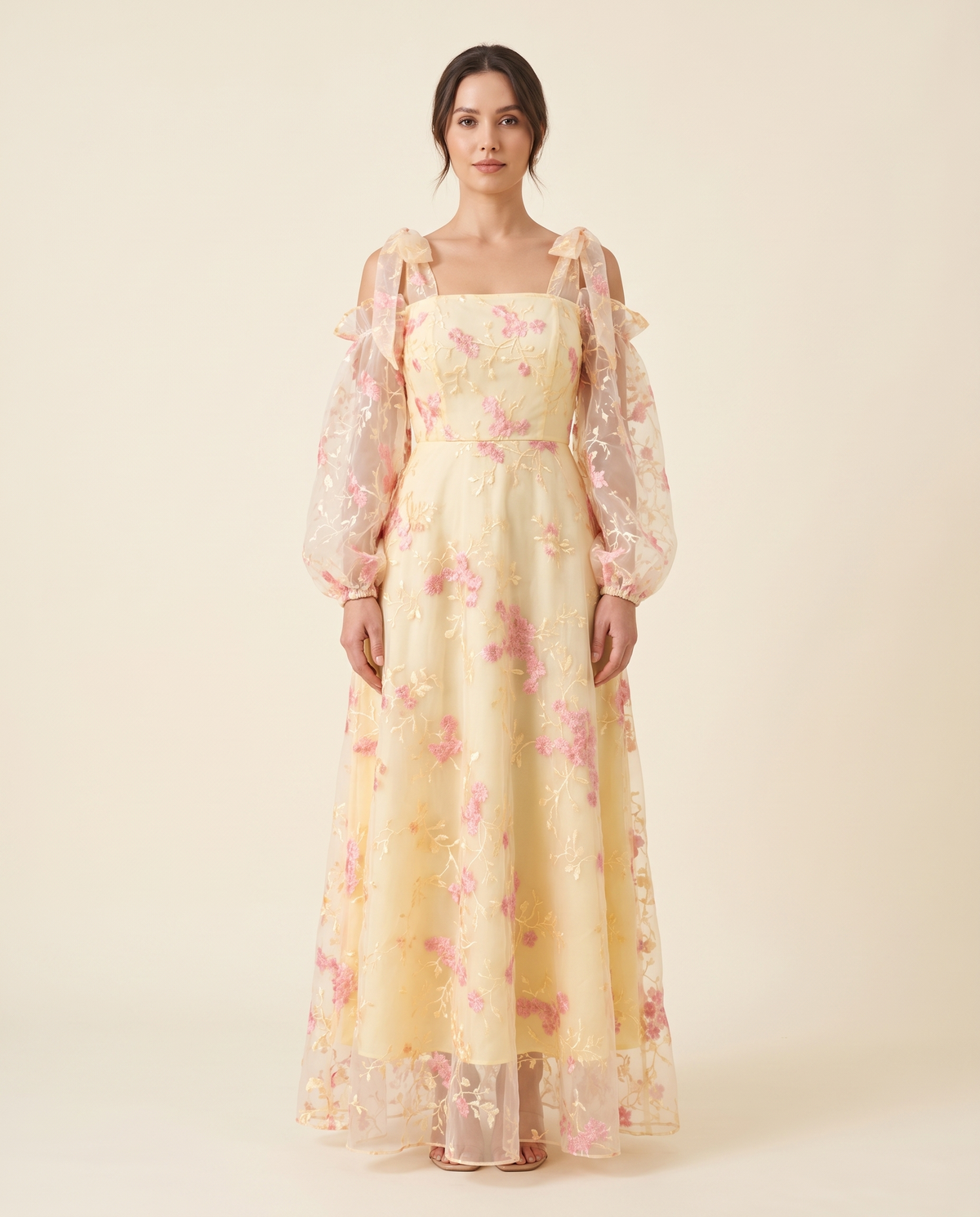 The BIA Élodie Bishop Maxi in butter-yellow embroidered organza, full-length studio catalogue view.