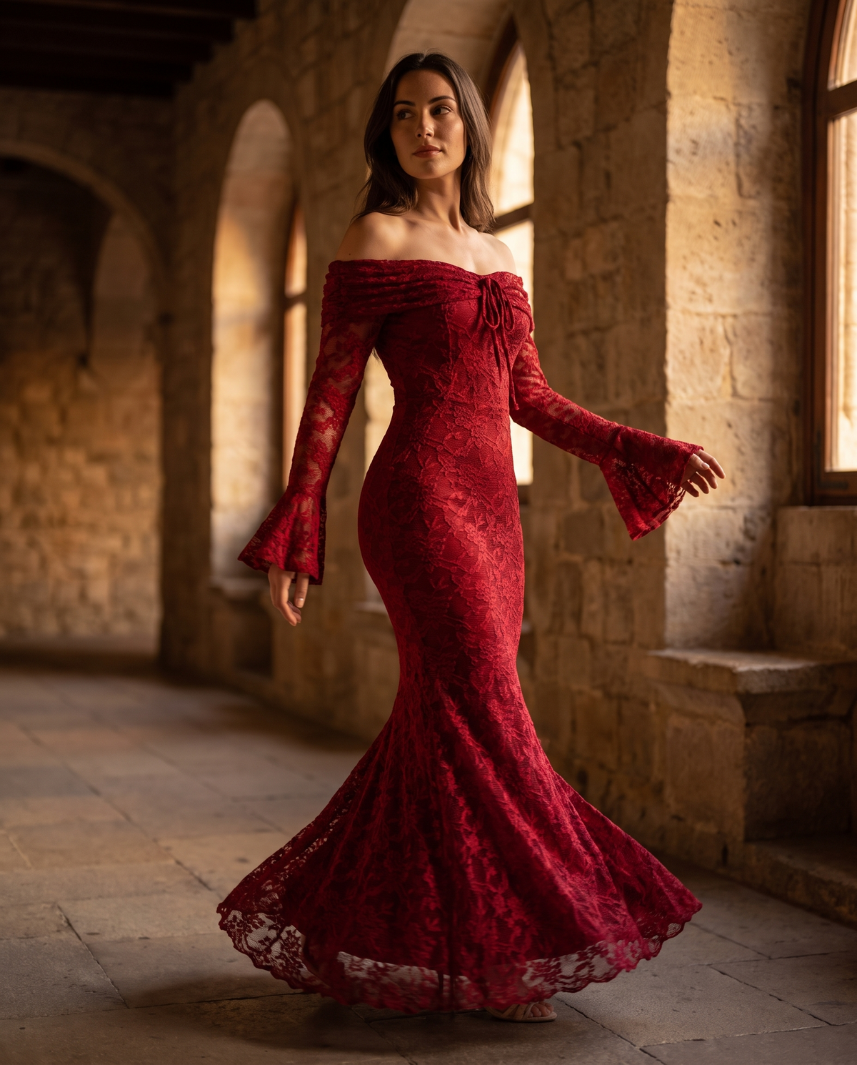The BIA Valentina Mermaid Gown in movement, the lace fishtail hem sweeping through a warm stone hall.