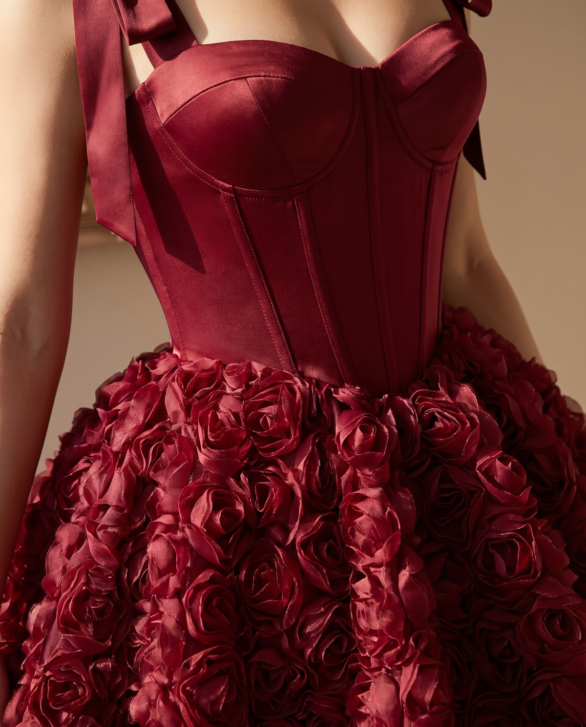 Detail of the BIA Nocturne Rosette Mini showing the boned satin corset and dense fabric rose skirt.