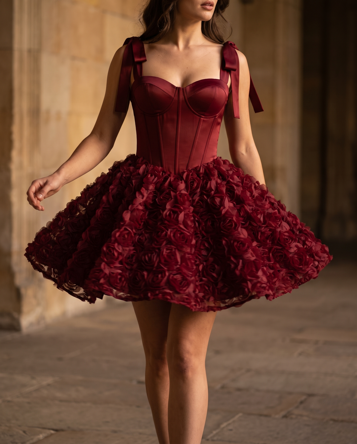 The BIA Nocturne Rosette Mini in movement, the rosette skirt swinging in a warm stone hall.