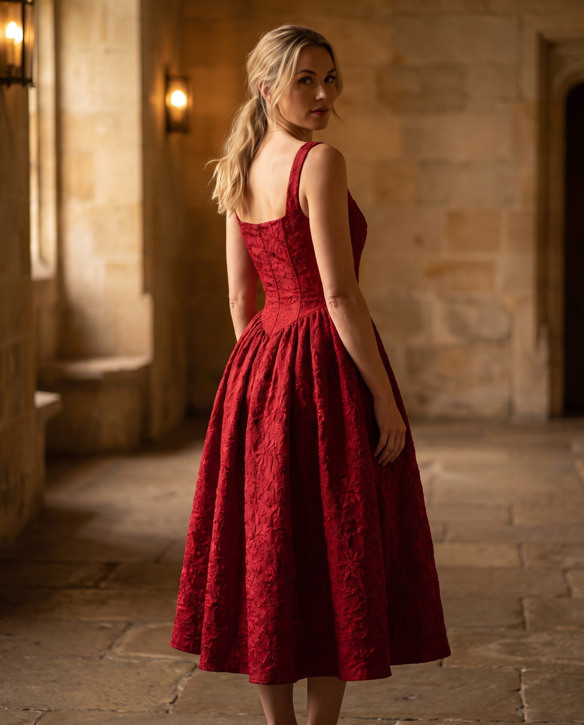 The BIA Aurelia Square-Neck Midi from a three-quarter angle in a warm stone hall.