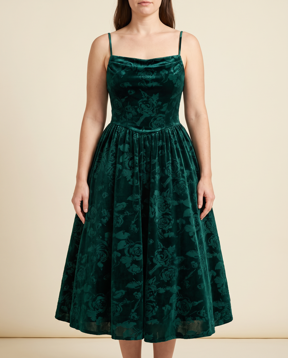 The BIA Bordeaux Velvet Midi in dark green rose-embossed velvet, full-length studio catalogue view.