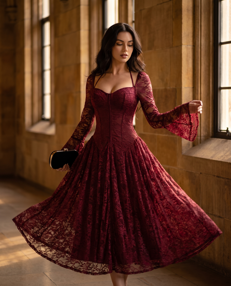 The BIA Lucienne Lace Midi in movement, the lace skirt and bell sleeves lifting in a warm stone hall.