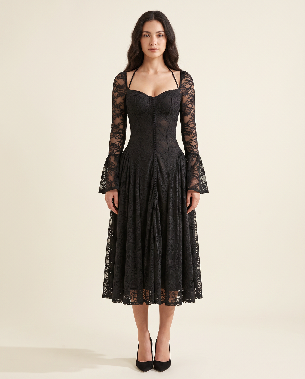 The BIA Lucienne Lace Midi in black floral lace, full-length studio catalogue view.