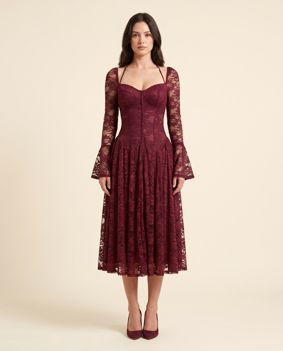 The BIA Lucienne Lace Midi in burgundy floral lace, full-length studio catalogue view.