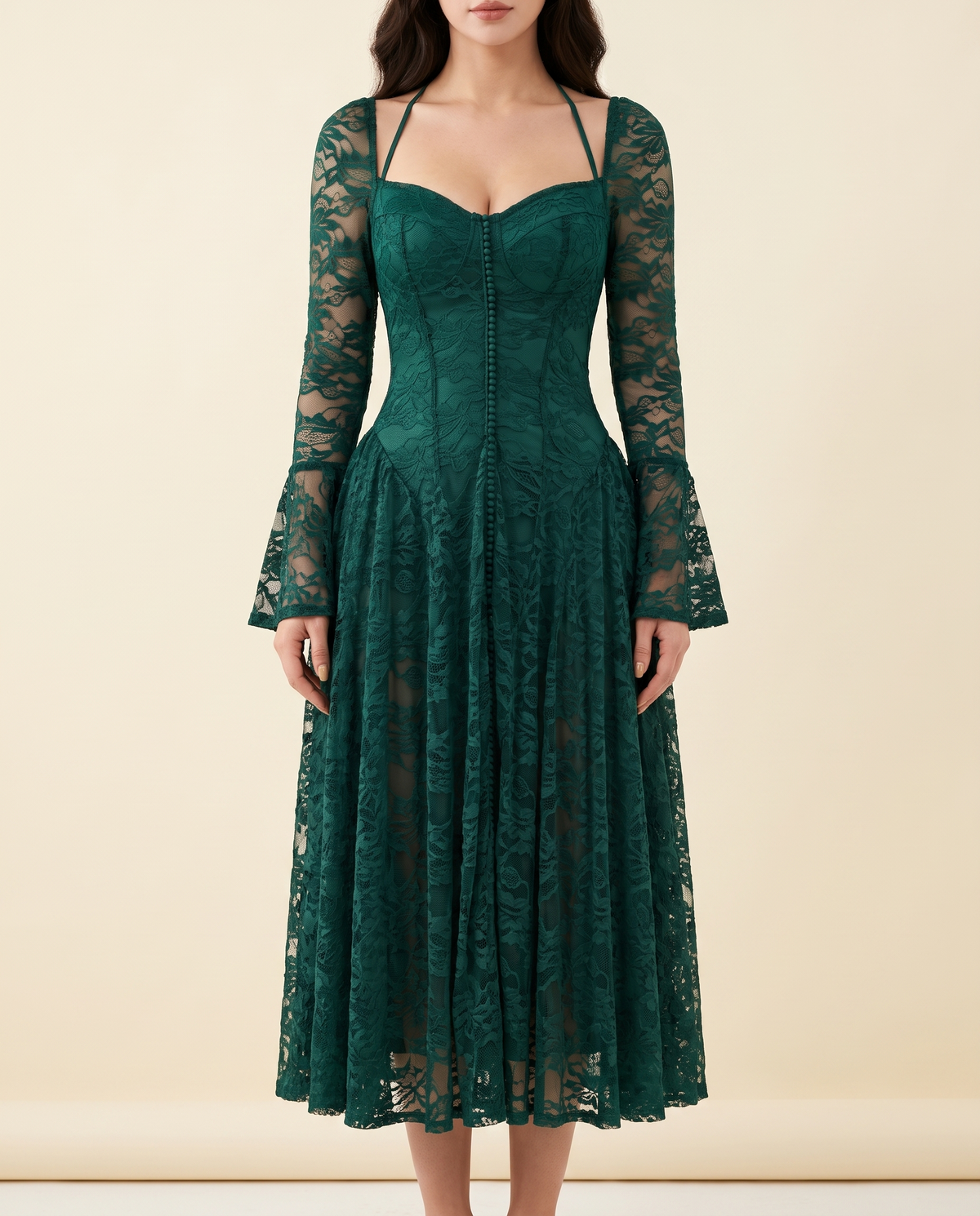 The BIA Lucienne Lace Midi in deep green floral lace, full-length studio catalogue view.