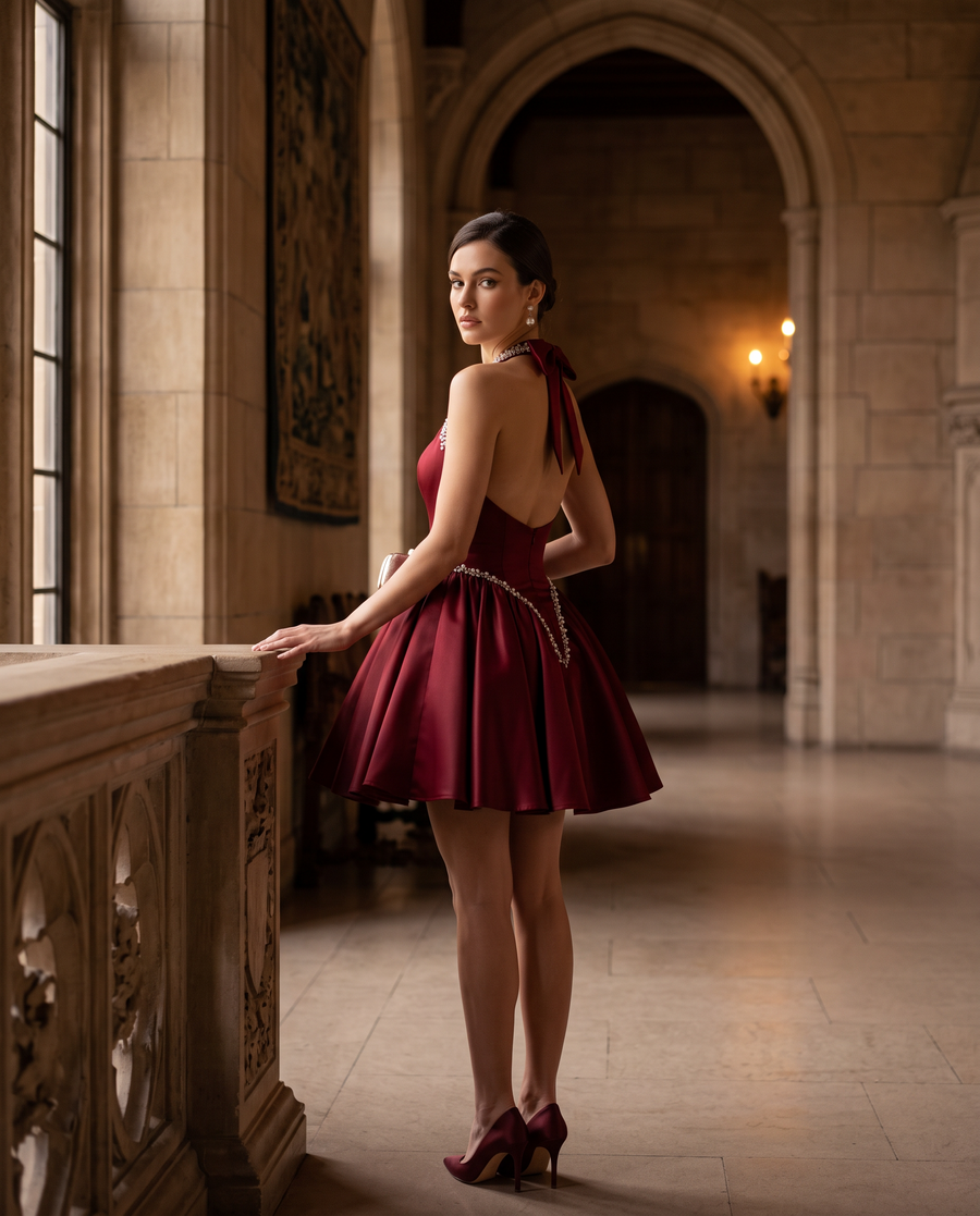 The BIA Vesper Halter Mini from a three-quarter angle, showing the open halter back and neck tie.
