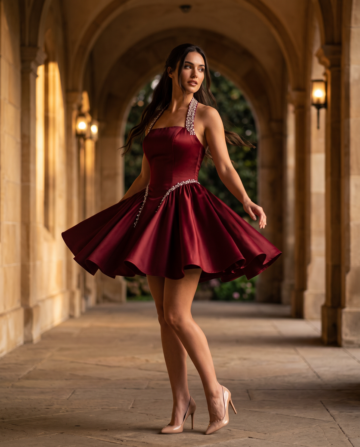 The BIA Vesper Halter Mini in movement, the circle skirt lifting in a warm stone arcade.