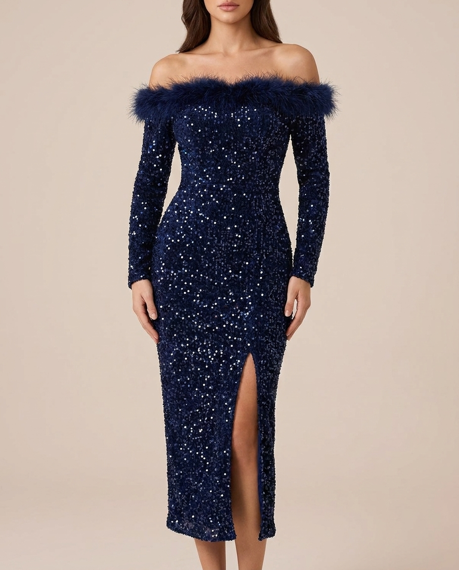 Adult model wearing the BIA Marais Sequin Midi in navy blue sequins with feather trim across the off-shoulder neckline, full-length front view.
