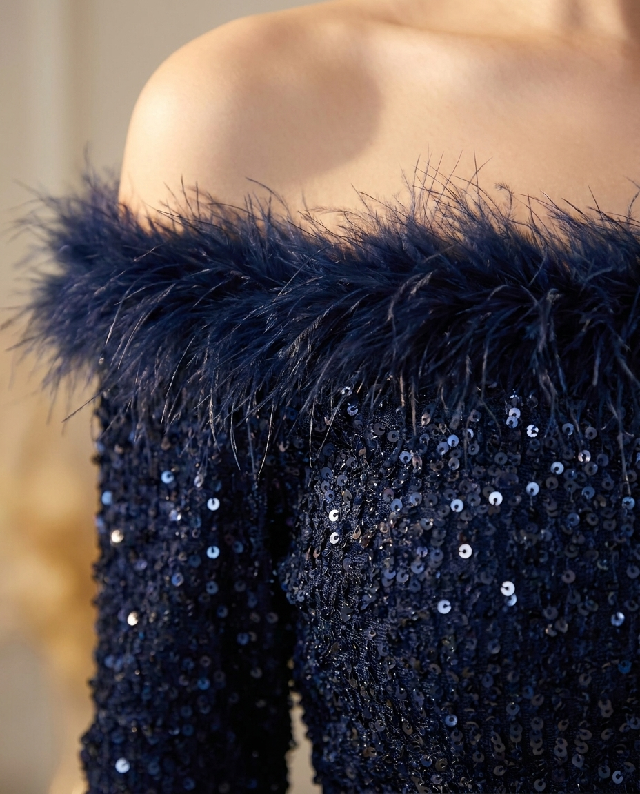 Close detail of the BIA Marais Sequin Midi: navy marabou feather trim above densely sequinned knit fabric.