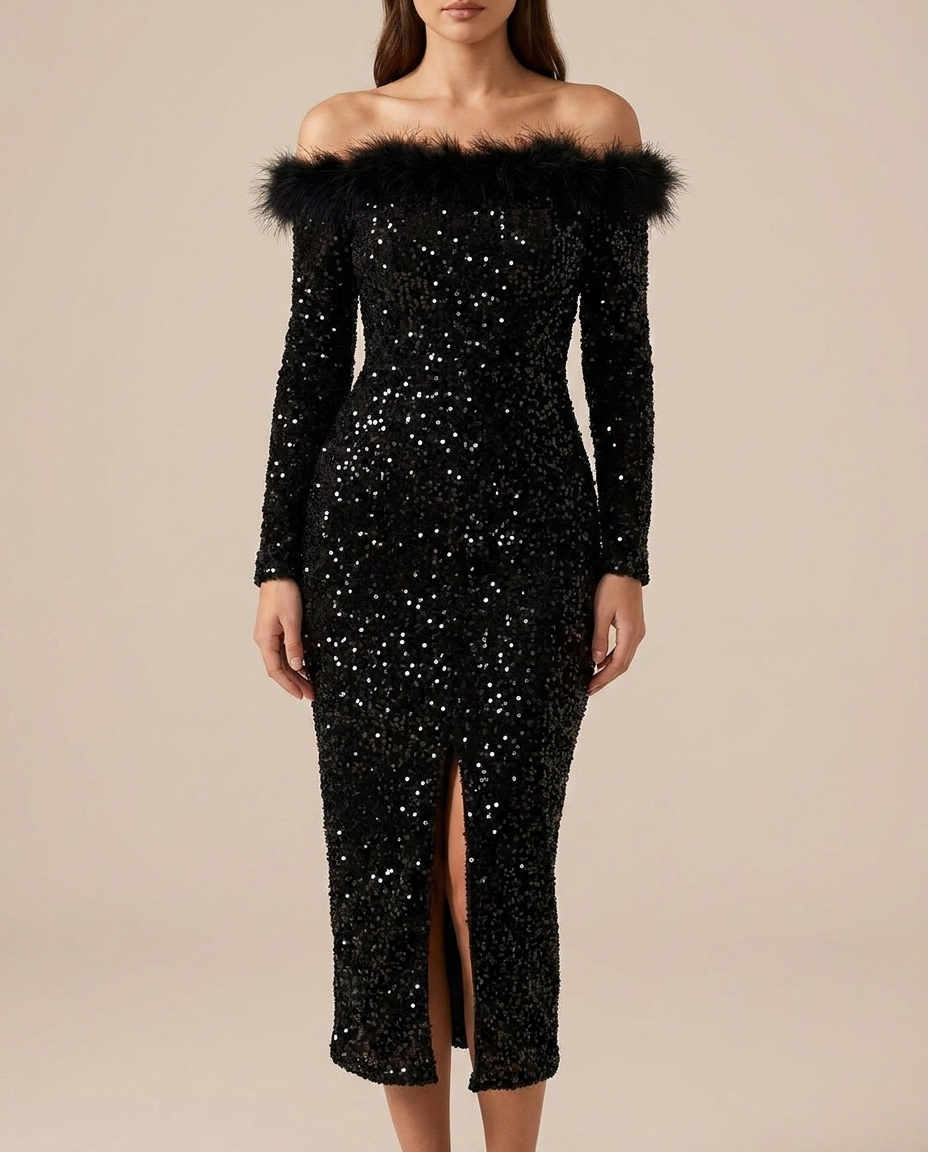 Adult model wearing the BIA Marais Sequin Midi in black sequins with black feather trim across the off-shoulder neckline, full-length front view.