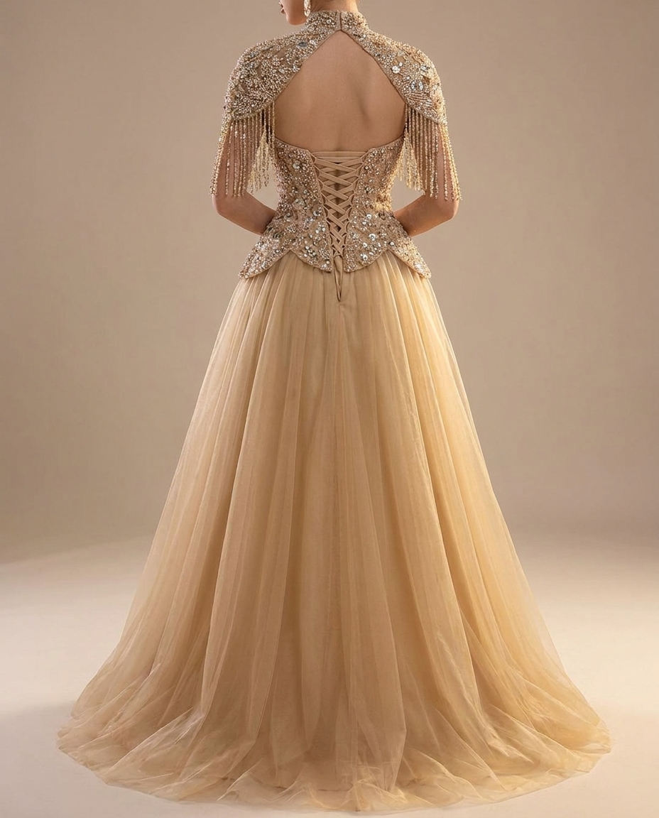 Back view of the BIA Ophelia Embellished Gown in champagne, showing the open keyhole back with corset lacing beneath the beaded capelet.