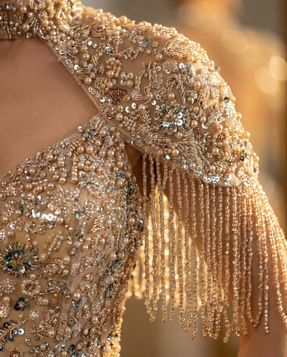 Close detail of the BIA Ophelia Embellished Gown: pearl and sequin floral beadwork on the capelet with long beaded fringe falling over the shoulder.