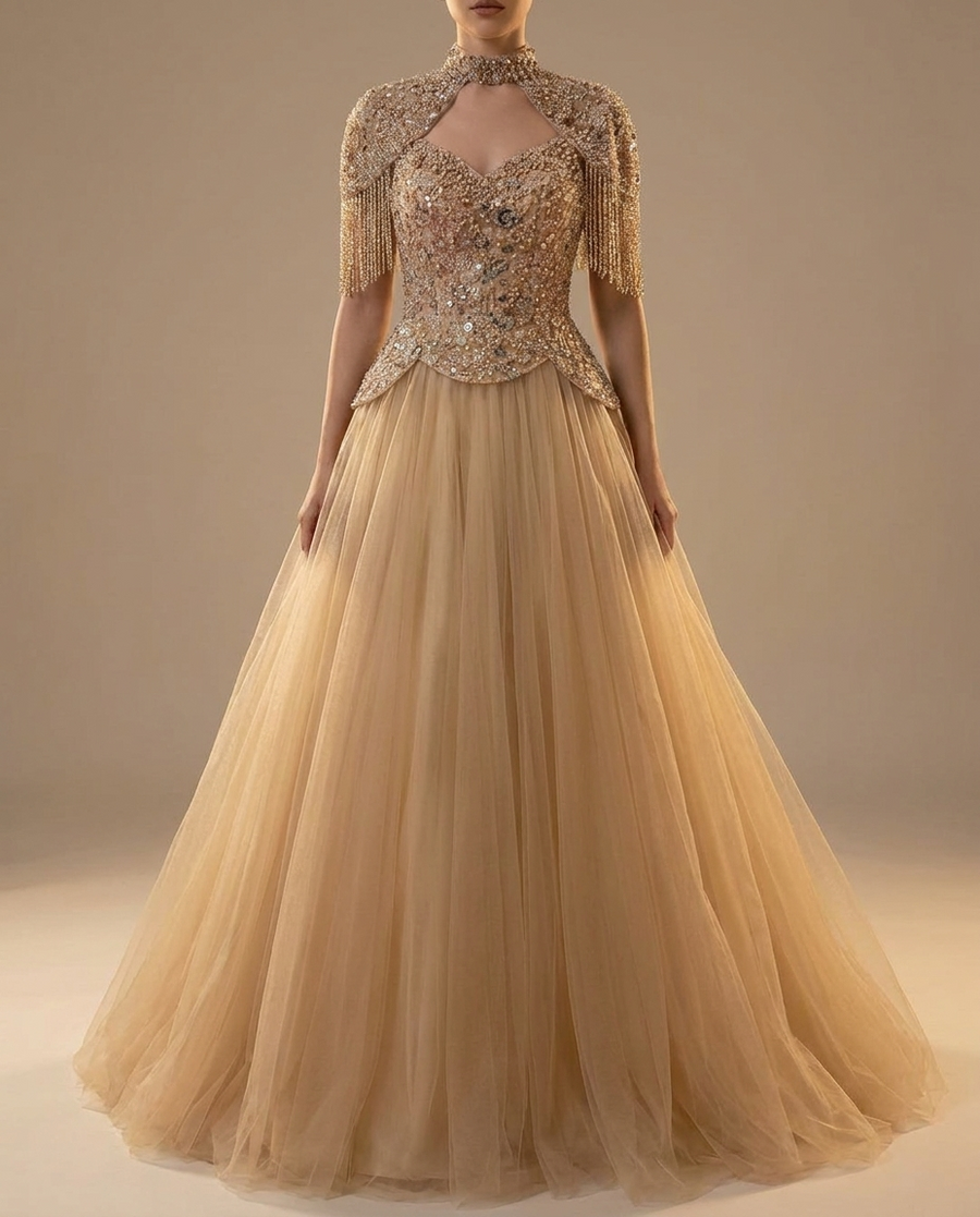Adult model wearing the BIA Ophelia Embellished Gown in champagne, with a beaded fringe capelet over a sweetheart bodice and a full tulle skirt, full-length front view.
