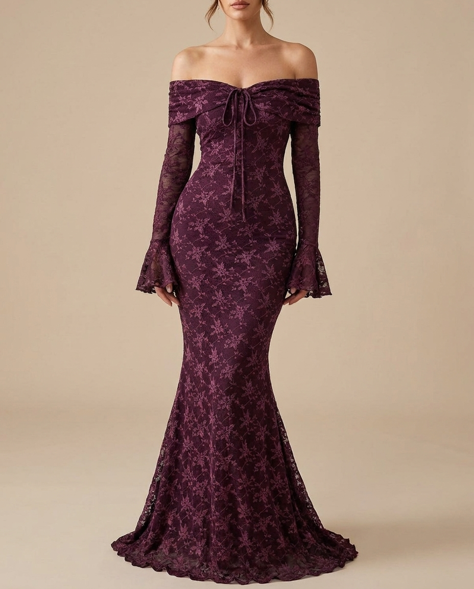 Adult model wearing the BIA Valentina Mermaid Gown in deep plum floral lace, off-shoulder with a tie front and flared lace sleeves, full-length front view.
